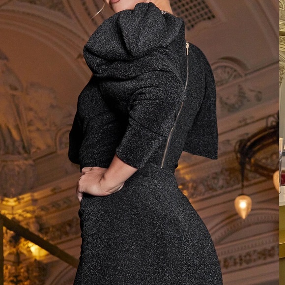 CLUB L LONDON BLACK METALLIC VOLUME SHOULDER TWIST FRONT CROP TOP & MAXI SKIRT - Picture 4 of 4